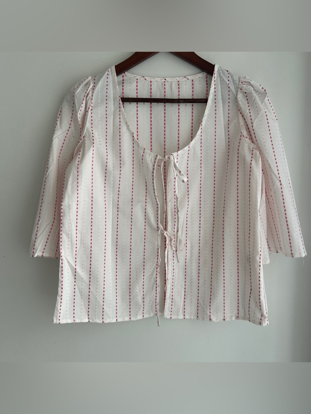 Women's White Tie-Front Blouse with Pink Stripe Detail cotton